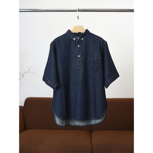 颖颖家旺财意大利gao定 W1394 棉麻小翻领扣子半开襟丹宁牛仔衬衫
