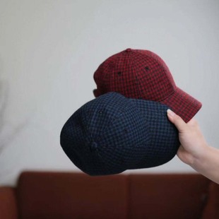 颖颖家 显脸小复古日系进口精梳羊毛小格子鸭舌帽围巾三角巾W1441