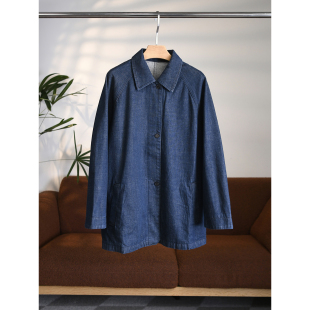 颖颖家 旺财冈山牛仔翻领单排扣廓版口袋中长款进口牛仔外套W1985