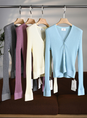 [颖颖家]匠心J系18针美利奴羊毛桑蚕丝华夫格V领修身薄开衫W1981