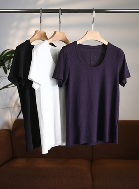 [颖颖家]质感CHAO赞~进口亚麻棉极简U领后中缝线显瘦短袖T恤W2014