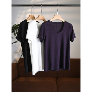 进口亚麻棉极简U领后中缝线显瘦短袖 质感CHAO赞 T恤W2014 颖颖家