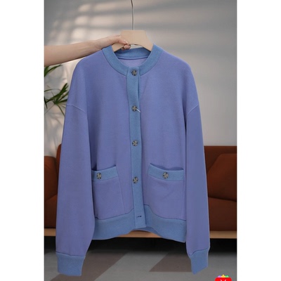 【颖颖家】进口圈棉日系圆领双口袋系扣拼接针织卫衣开衫W1884