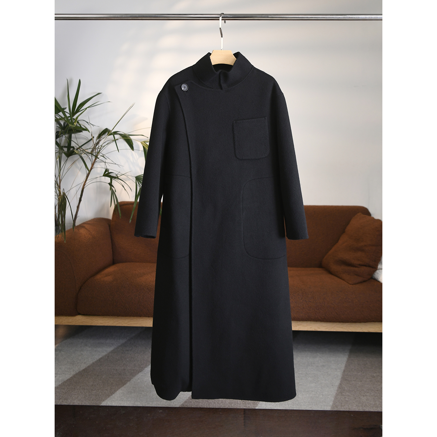 超大牌！设计感侧门襟立领暗扣羊毛驼绒混纺中长款毛呢大衣 W1768