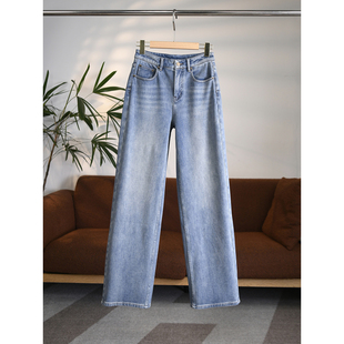 旺财系列 洗水好看浅蓝色内里磨毛中高腰直筒冈山牛仔阔腿裤W1730