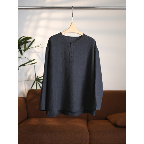 【颖颖家】日系极简高质亚麻亨利领复古洗水松弛感长袖衬衫W2125