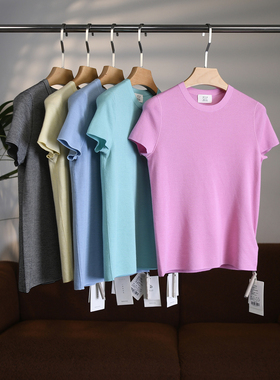 【颖颖家】匠心J系18针美利奴羊毛正肩圆领细条纹薄针织短袖W1990