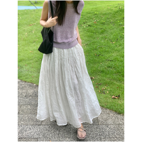 【颖颖家】灵动飘逸，仙气儿十足~苎麻松紧腰抽绳压褶半裙 W2460