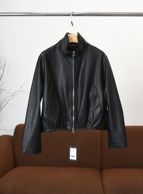 颖颖家 甜酷风 进口小羊皮复古立领双拉链荔枝纹后中缝皮衣 W1395