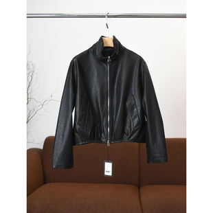 W1395 进口小羊皮复古立领双拉链荔枝纹后中缝皮衣 颖颖家 甜酷风