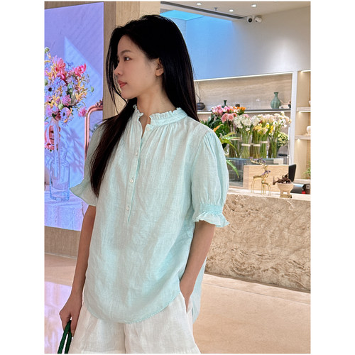 【颖颖家】 巨好看！软亚麻冰川薄荷绿荷叶领半开襟短袖衬衫W2412