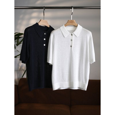 【颖颖家】老钱极简高克重双股纱贝壳扣翻领宽松POLO衫短袖W2112