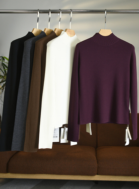 颖颖家 匠心J系60支18针精纺纯羊毛竖坑条半高领套头针织衫 W1795