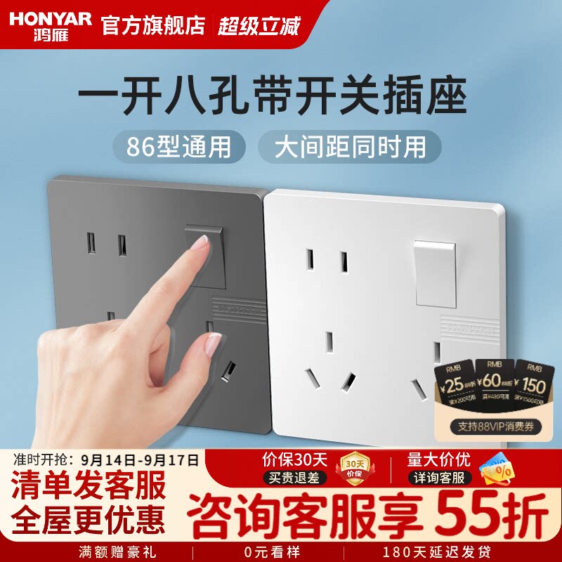 鸿雁86型一开八孔插座带开关图片