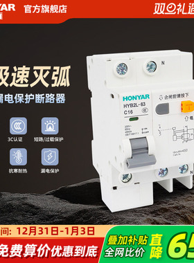 鸿雁空气开关带漏电保护63a断路器家用220v空调2p过欠压保护器