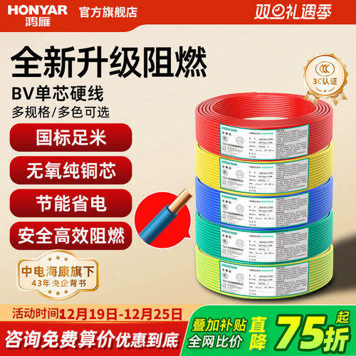 鸿雁电线电缆bv2.5平方国标