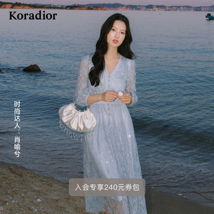 优雅气质蕾丝八分袖 新款 珂莱蒂尔2025秋季 V领连衣裙女 玫瑰裙