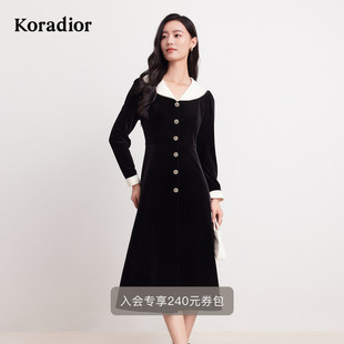 koradior珂莱蒂尔冬季 V领连衣裙女 丝绒优雅气质香风修身