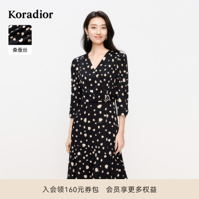 【商场同款】珂莱蒂尔春季桑蚕丝气质优雅印花V领连衣裙