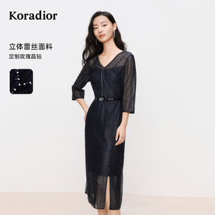 【盈动绽放】珂莱蒂尔2025拼接蕾丝裙透视连衣裙高级感显瘦长裙