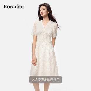 珂莱蒂尔2025年优雅气质V领蕾丝连衣裙女淑女风中裙 千金风