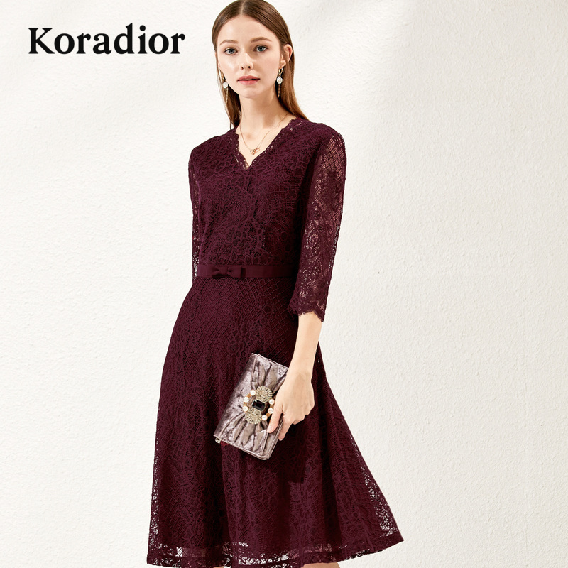 Koradior/çæÀ³µÙ¶ûÆ·ÅÆÅ®×°2018ÇïװпîºìÉ«ÀÙË¿ÐÞÉíÏÔÊÝÁ¬ÒÂȹ