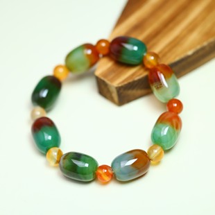 南京天然雨花石孔雀绿玛瑙桶珠手链原石玛瑙手串转运男女礼品