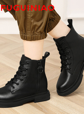 富贵鸟女鞋春秋季黑色女皮鞋2026新款真皮妈妈加绒短靴高帮马丁靴