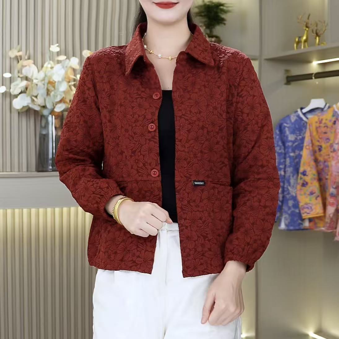 单件春秋妈妈装长袖小衫洋气中老年女新中式宽松上衣女小外套