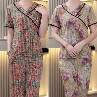 中老年套装 上衣 花色薄款 碎花新款 常规 夏装 妈妈装 子女装 短袖 裤