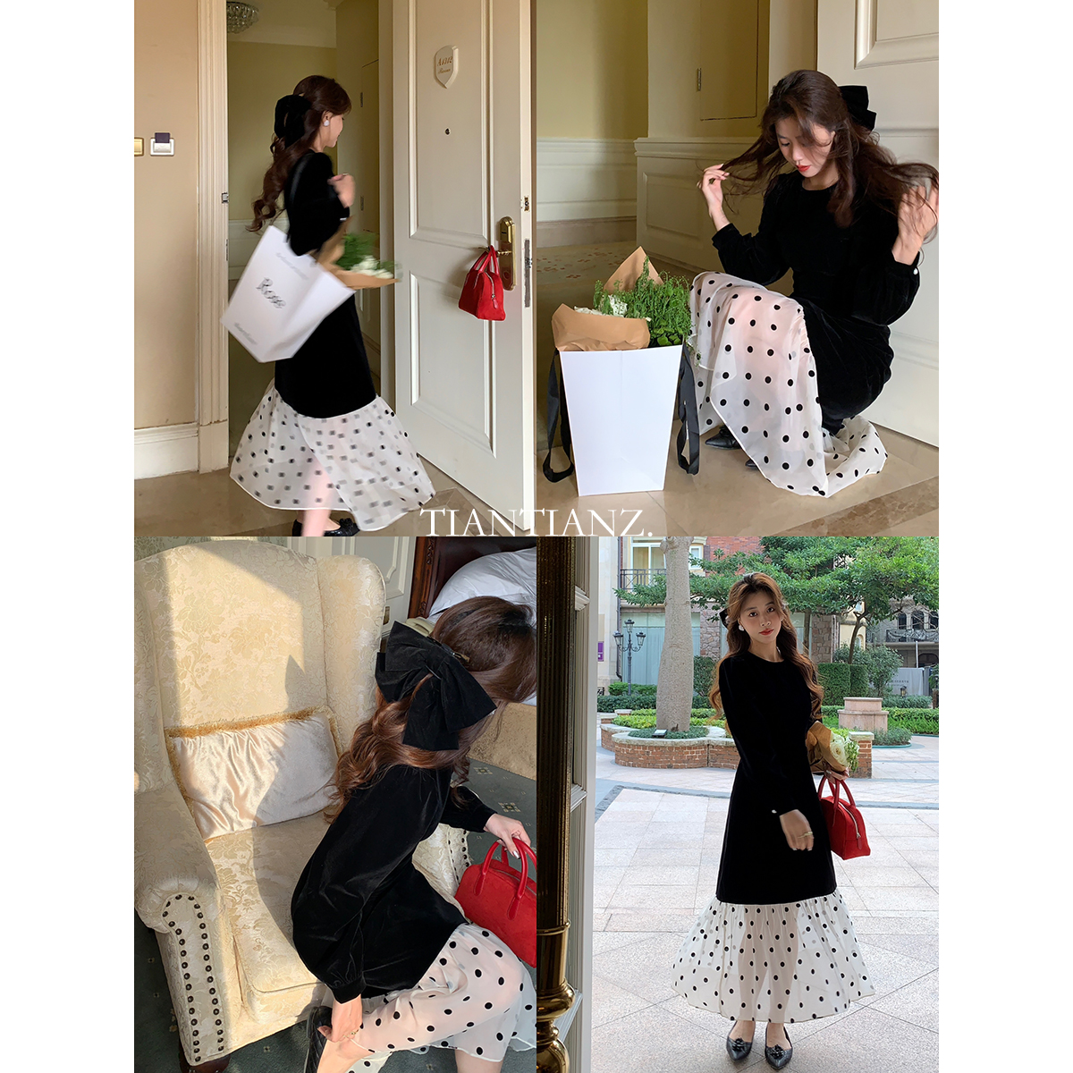 恬恬郑赫本丝绒连衣裙