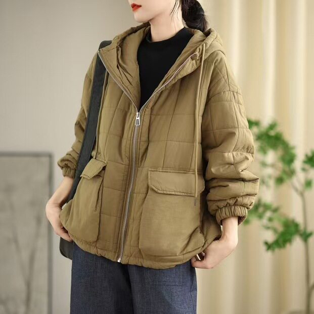 2024冬季棉服女新款文艺休闲菱格连帽棉服女宽松保暖衣韩版棉袄