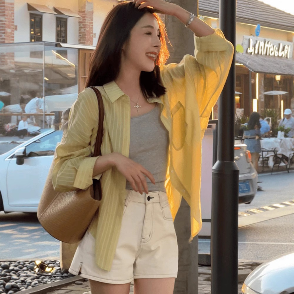 防晒衬衫女夏季百搭条纹衬衣2025年新款外穿薄款外套法式宽松