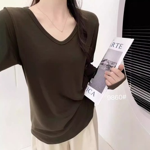 打底衫 纯色新款 女长袖 T恤V领亲肤打底衫 宽松休闲韩版 24年秋款