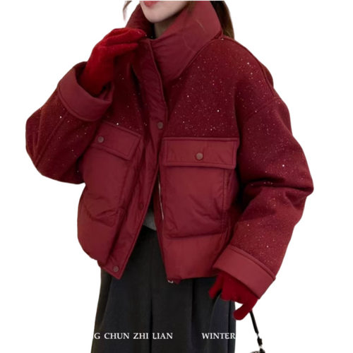 韩系立领亮片毛呢拼接棉服女2024冬季新款休闲宽松设计感保暖外套