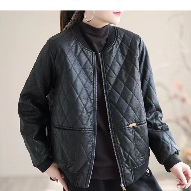 秋冬款皮衣外套加绒加厚夹棉保暖开衫外套立领菱形格皮袄韩版宽松