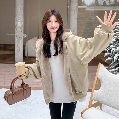 仿皮毛一体羊羔毛连帽外套女秋冬新款韩系小个子短款加厚加绒棉衣