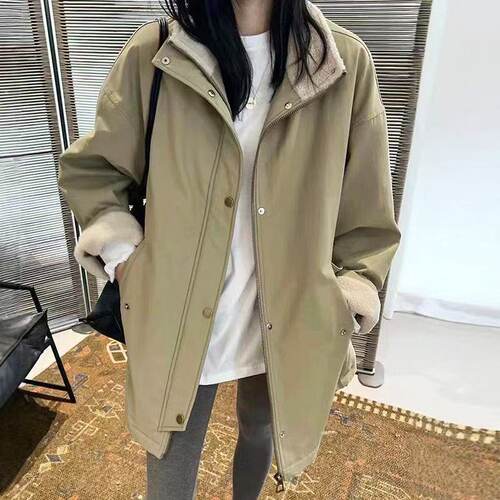 韩系立领加绒加厚外套女冬季2024新款宽松显瘦中长款派克服上衣潮
