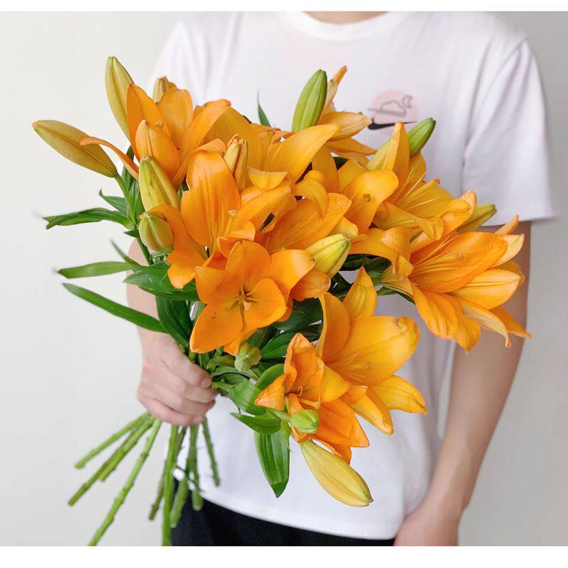 保湿手感桔色百合花仿真花假花轻奢高档客厅电视柜餐桌花瓶插花装