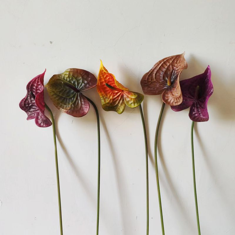 软装秋色PU手感爱心红掌仿真花绿掌 家居花艺造景插花单支火鹤掌