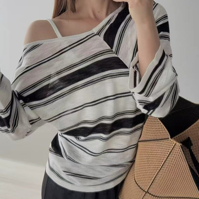 GLOG2025夏季竹节麻条纹拼接防晒