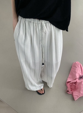 about moon2025夏季时尚百搭松紧腰天丝麻条纹裤休闲长裤女61320