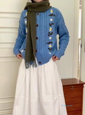 wander韩货2025冬季新款手工50羊毛开衫绣花高品质开衫毛衣33031