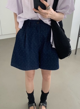 about moon月亮家2025夏季韩系麻感波点后松紧腰短裤女61070-1