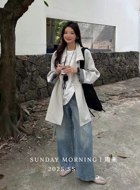 十三行日落2026春季新款条纹拼接袖设计感立领中款风衣女F6075