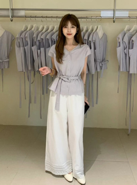 overrich2025夏季棉麻收腰系带休闲时尚百搭小衫上衣女25424