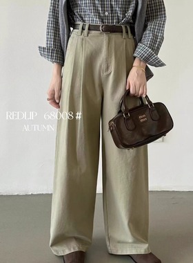 红唇redlip2025秋季水洗棉显高显瘦阔腿女裤日常百搭68008