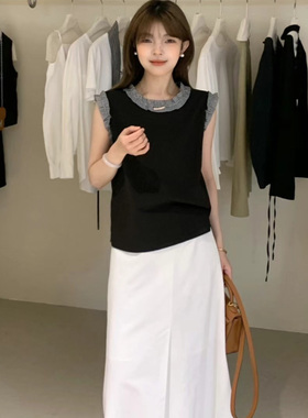 overrich2025春夏季韩系简约时尚棉质+亚麻花边拼接背心女22789