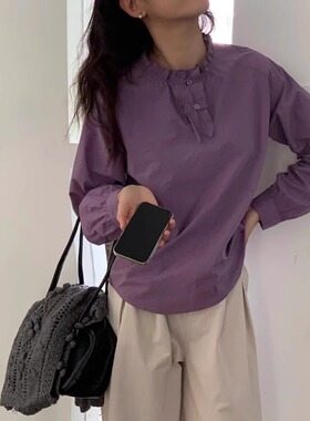 韩货wander2026春款法式淑女褶皱花边领纯棉长袖衬衬衣衫女31075