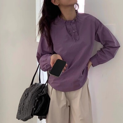 长袖纯棉衬衫褶皱花边领韩货